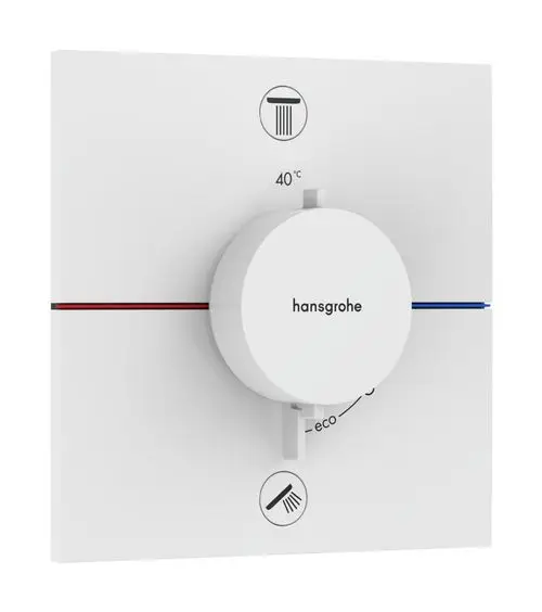 Thermostat für Dusche, weiß mit einem zentralen Regler. Anzeigen für Temperatur und Funktionen. Hansgrohe-Logo sichtbar. Entwurf für zwei Wasserverbraucher.